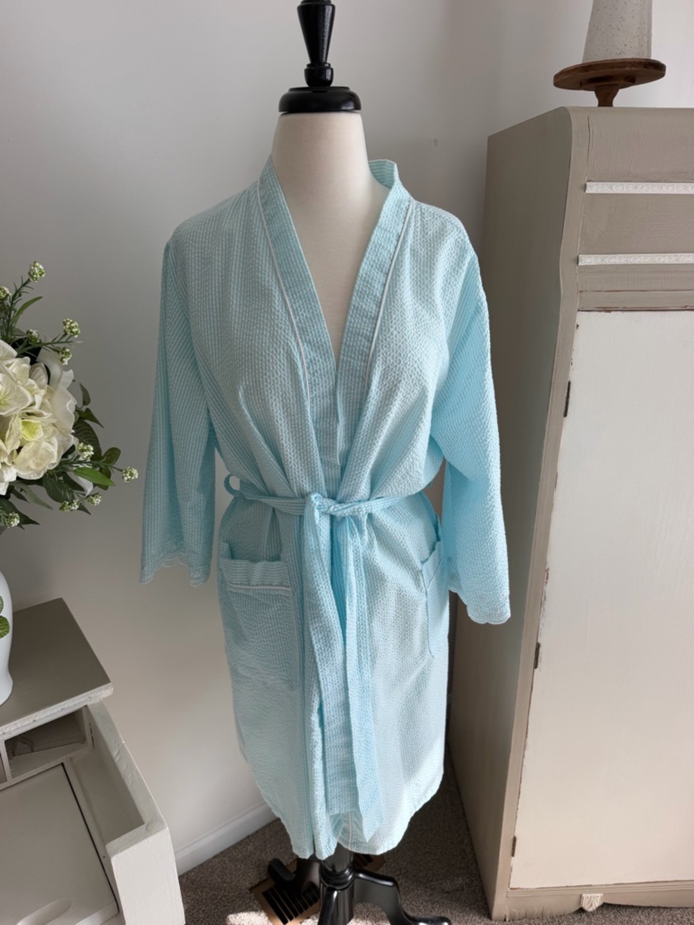 Turquoise & White Waffle Robe with Belt - Women’s Bathrobe